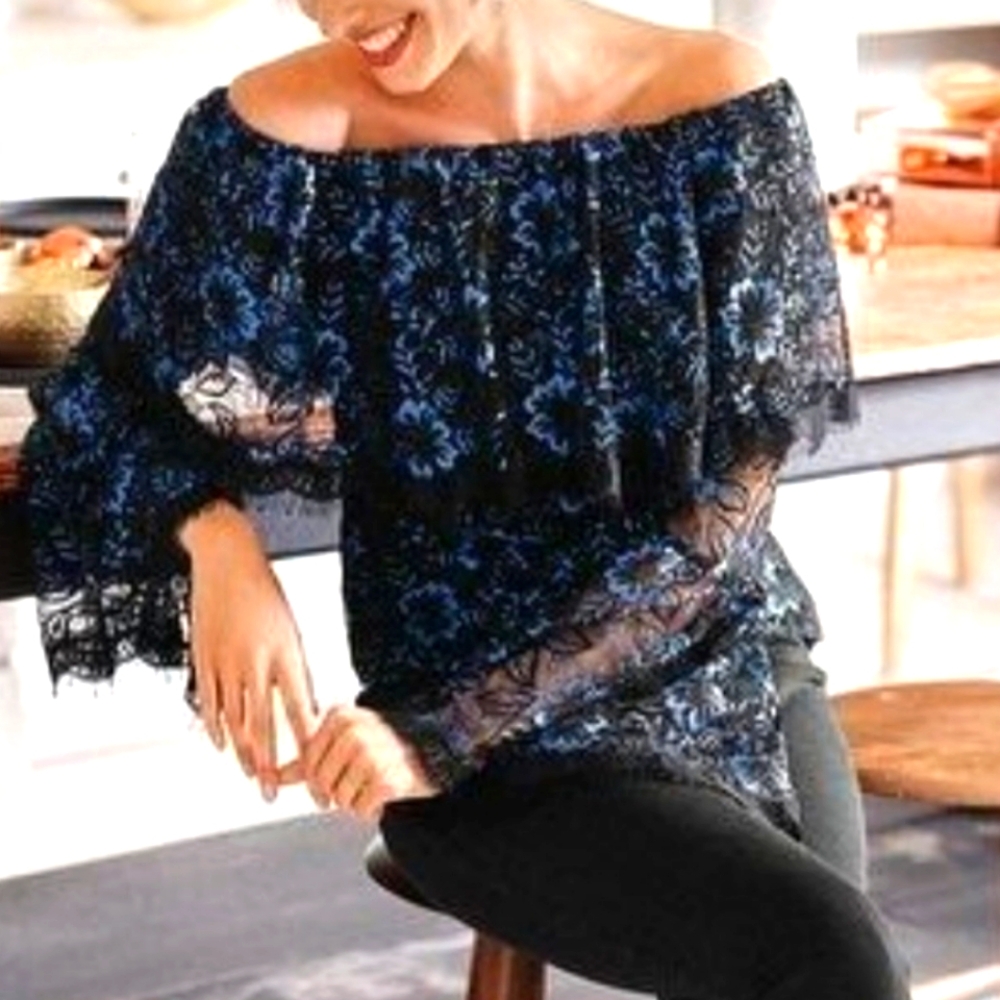 White House Black Market Blue and Black Lace Blouse